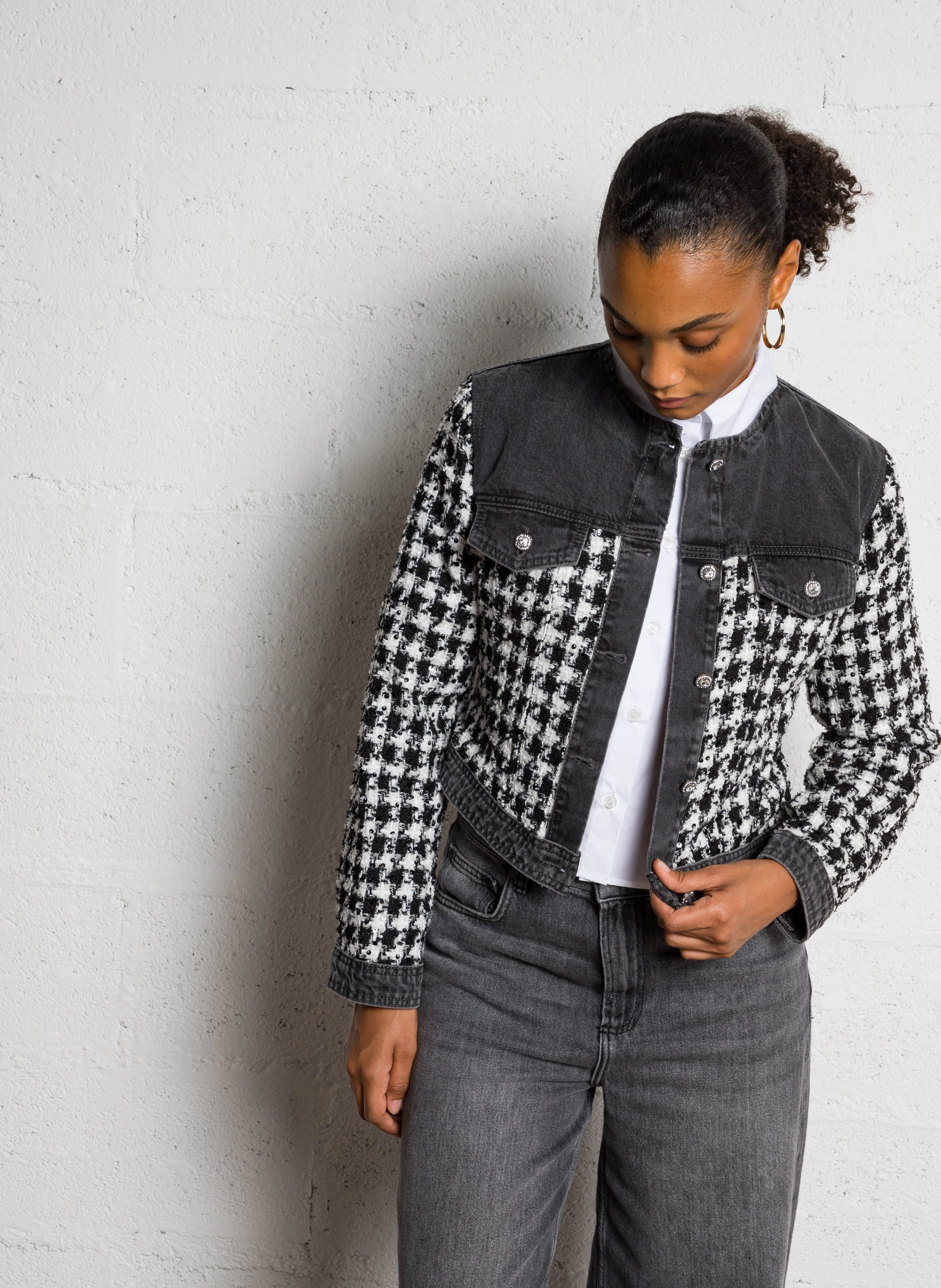 Veste droite col rond en tweed | Noir