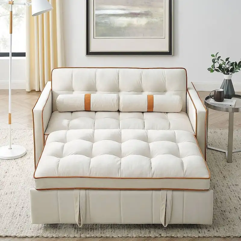 Velvet Multi-Functional Pull-Out Sofa Bed Adjustable Reclining Backrest With Pillows - N/A