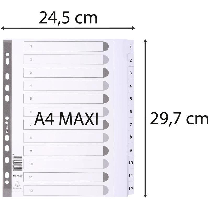 Intercalaires imprimés à touches plastifiées - 12 touches 1 à 12 - A4 maxi - Blanc