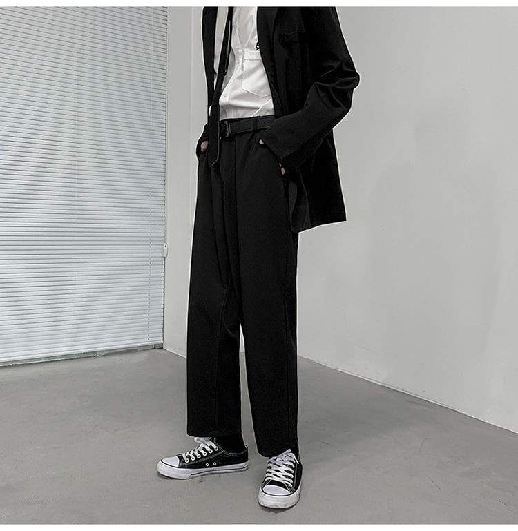 Sinlarity - Mid Rise Plain Cropped Straight Leg Dress Pants