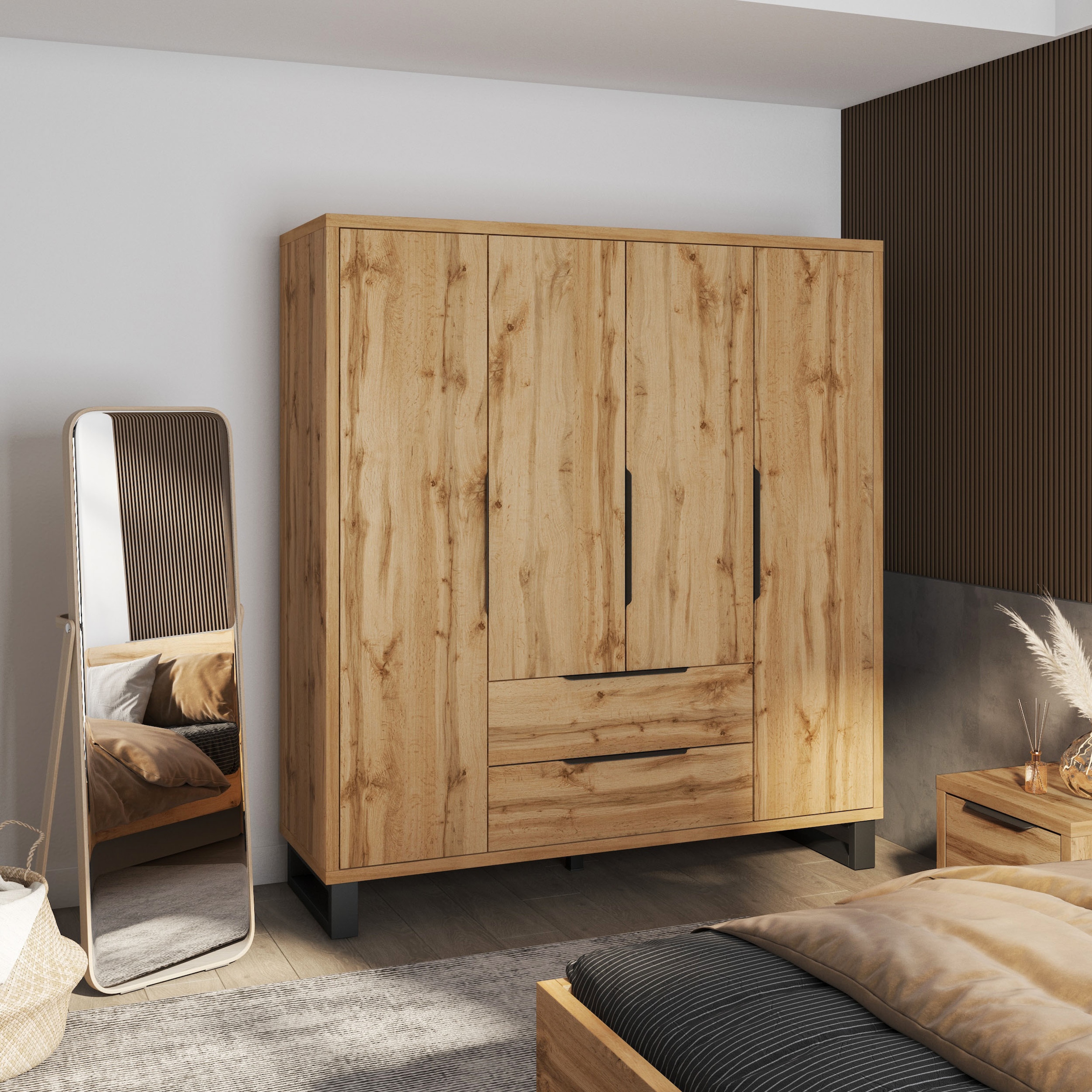 Home affaire Drehtürenschrank »Bronne,Breite 191 cm, Wäscheschrank inclusive Innenausstattung« Kleiderschrank, 2 Schubkästen, Metallgriffe, Garderobe