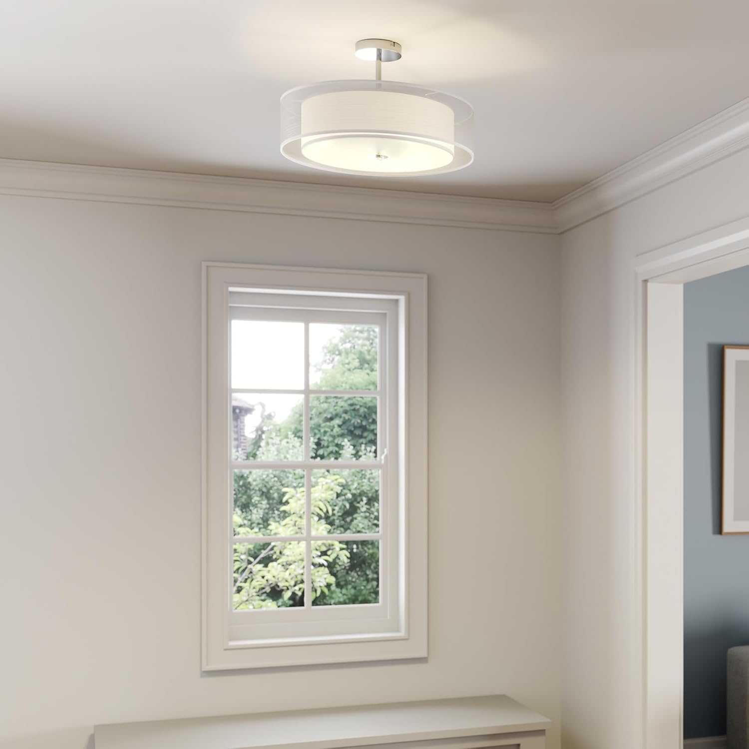 Lindby Textil Deckenleuchte rund 50 cm, Deckenlampe Stoff weiß 2 Textilschirme 3x E27 max. 11W ohne Leuchtmittel Schlafzimmerlampe Wohnzimmerlampe