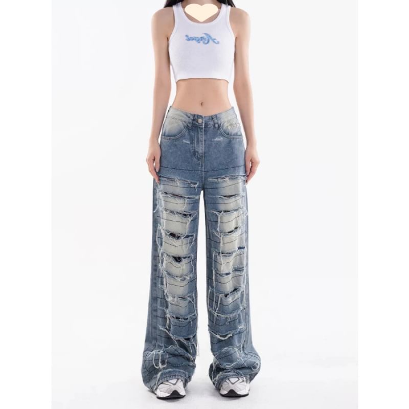 Vhancy - High Rise Washed Distressed Wide Leg Jeans