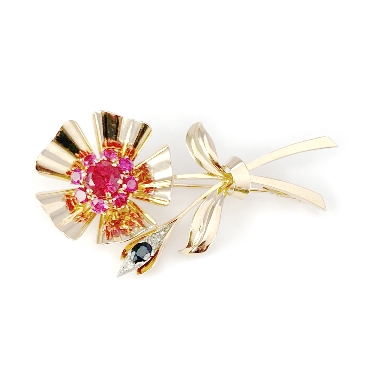 Broche d'occasion or 750 2 tons rubis saphir diamants