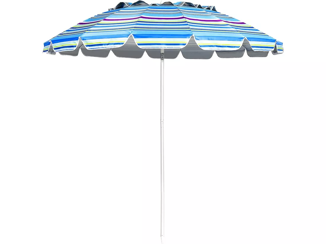 Parasol de Plage Inclinable 2,45 M Protection UPF 50+ Baleines en Fibre de Verre avec Sac Pied Amovible Bleu