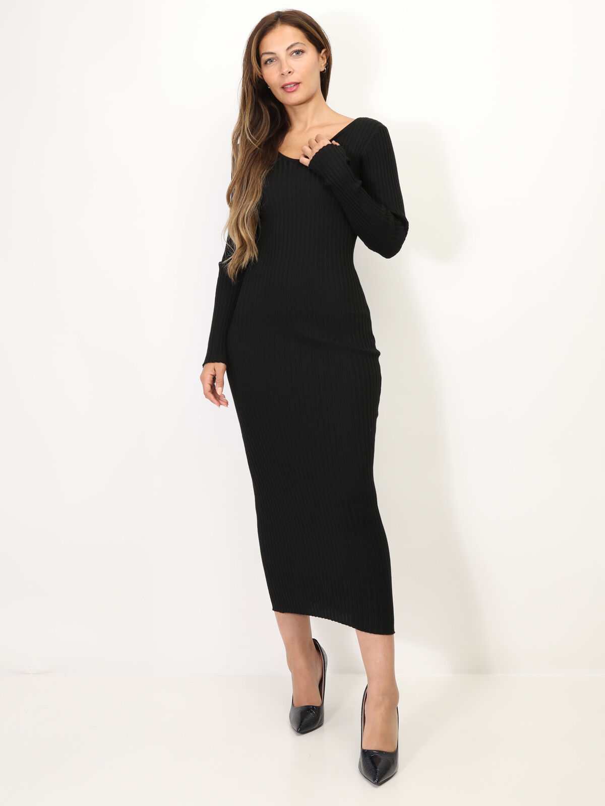 Robe pull longue côtelée à col V- Noir