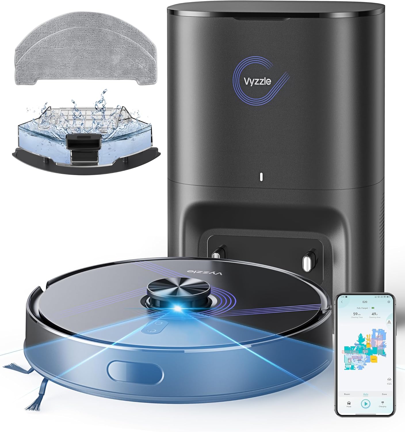 Vyzzle Saugroboter mit Wischfunktion 5500 Pa, Saugroboter mit Absaugstation 3.5L, Staubsauger Roboter für Tierhaare Teppich Böden, APP Steuerung, Alexa & Google Assistant Sprachsteuerung (Schwarz)