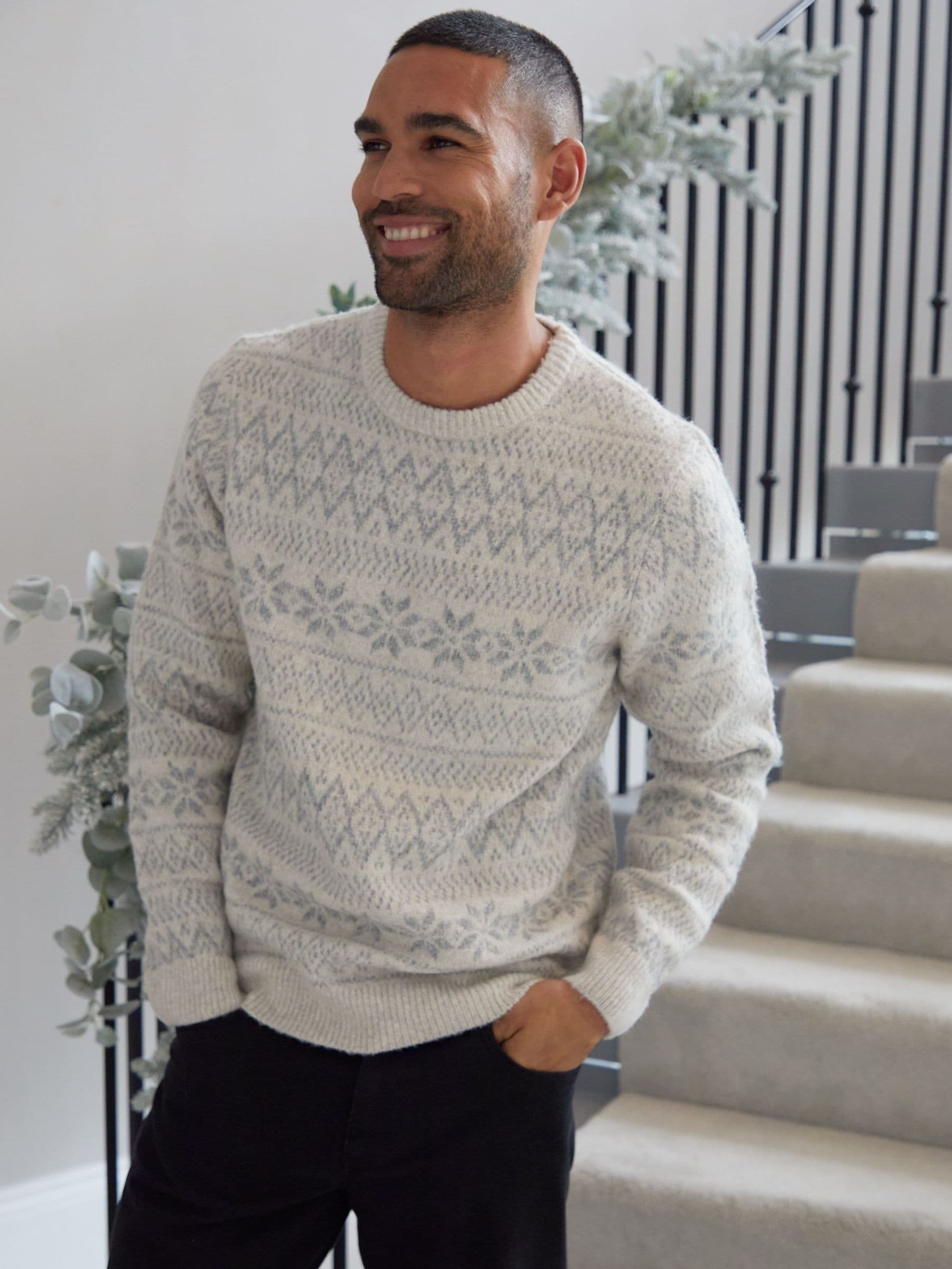 Lichtgrijs - Threadbare kersttrui met Fairisle-patroon en ronde hals