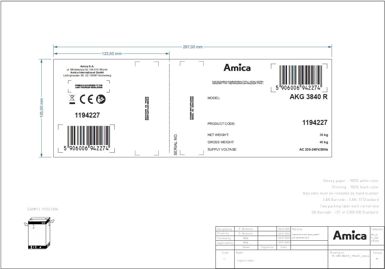 Amica AKG 3840 R Kühl-/Gefrierkombination/Doppeltürer / 144(H) x 47,4(B) / Rot/Weniger Abtauen dank FrostControl