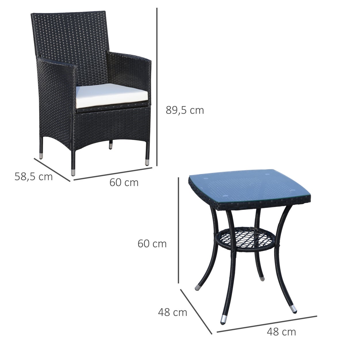 Outsunny 3-delige tuinset, B60 x D58,5 x H89,5 cm, metaal, PE-rotan, polyester, schuim, zwart