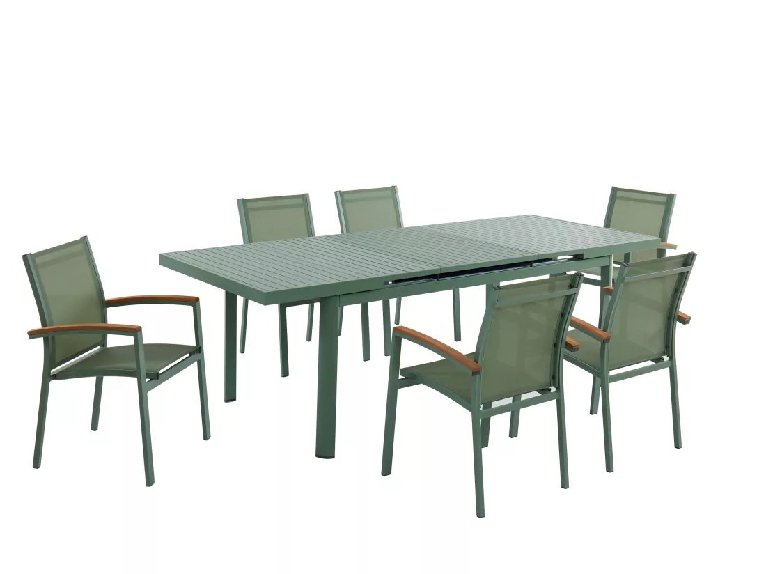 Salle à manger de jardin en aluminium : une table extensible L.180/240cm et 6 fauteuils empilables avec accoudoirs acacia - Vert amande - NAURU de MYLIA