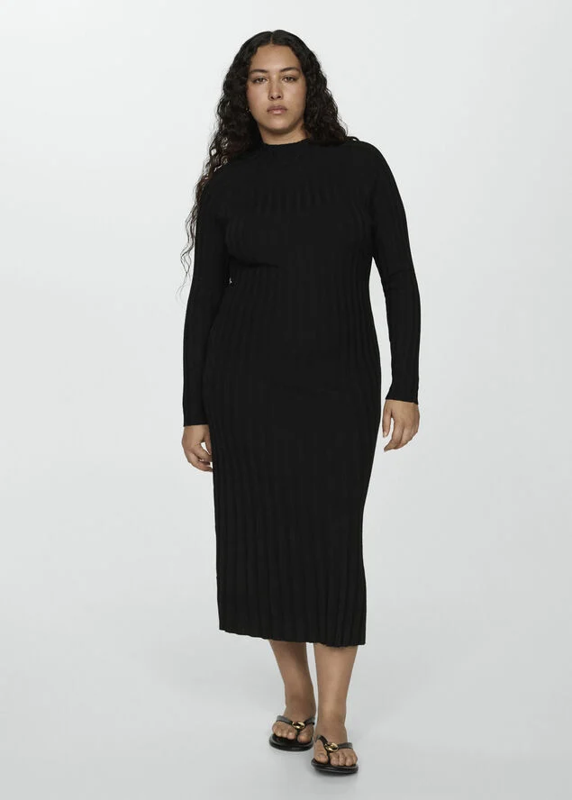 MANGO Perkins-neck ribbed dress Black