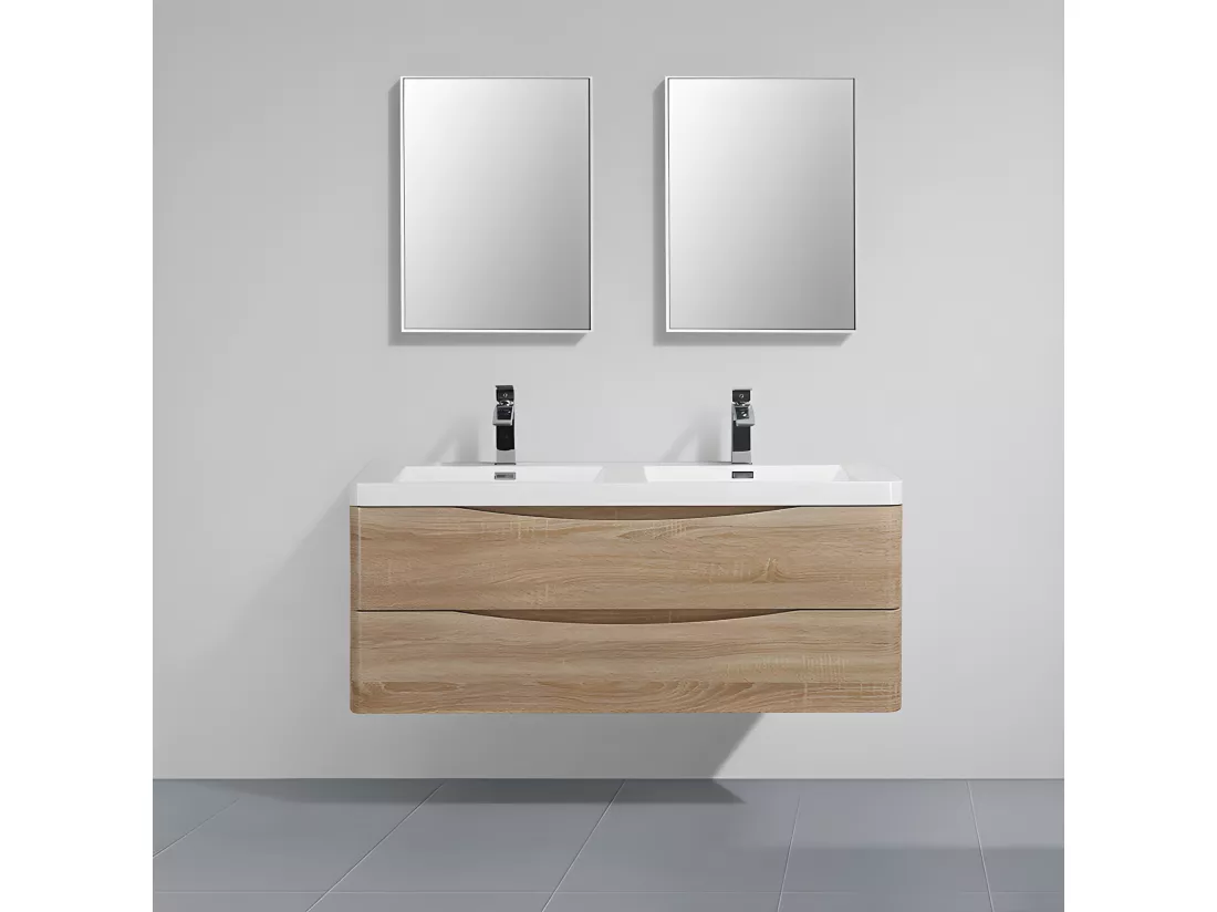 Meuble salle de bain design double vasque PIACENZA largeur 120 cm chêne clair