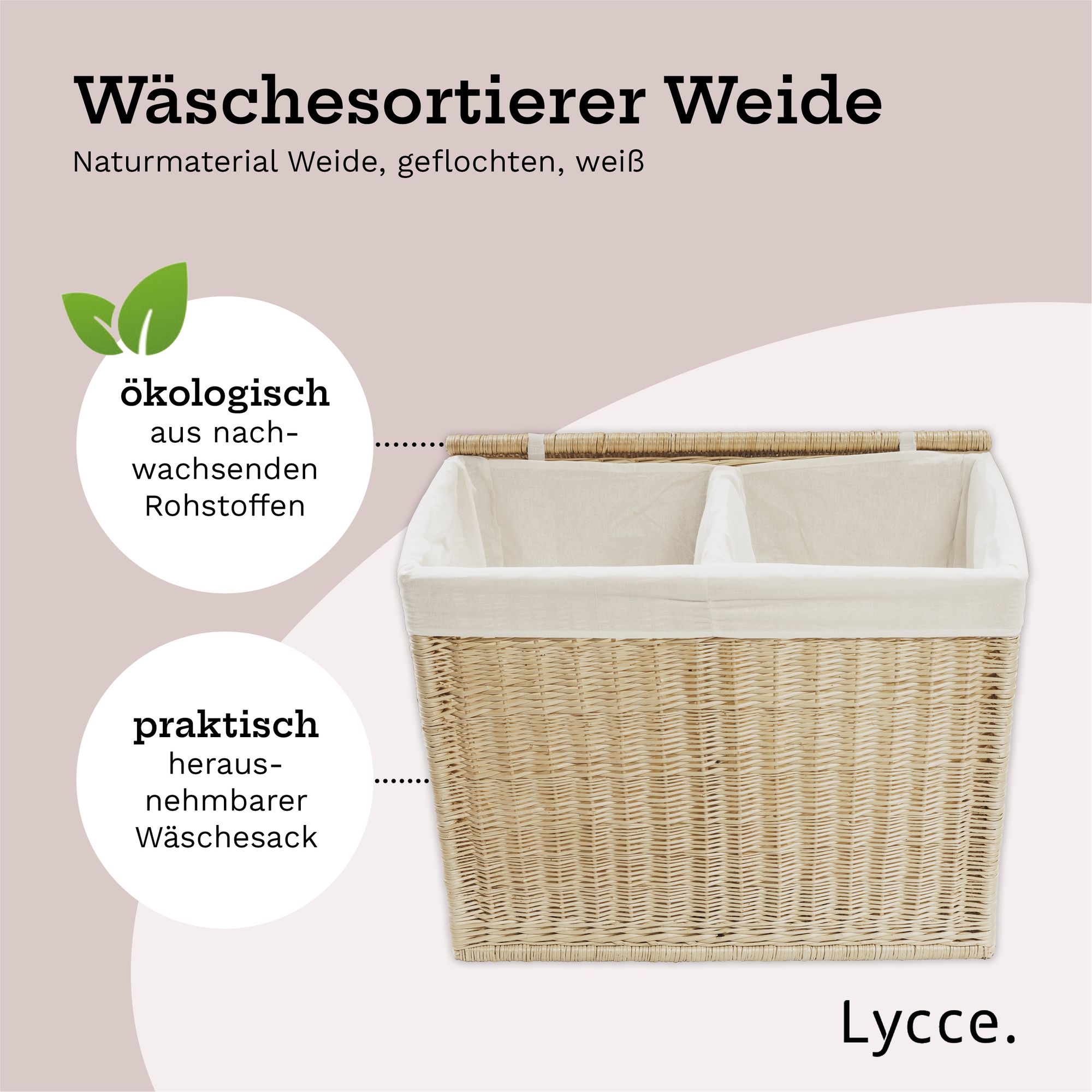 Lycce Wäschesortierer aus Weide 120L, 2 Fächer, mit Stoffeinsatz