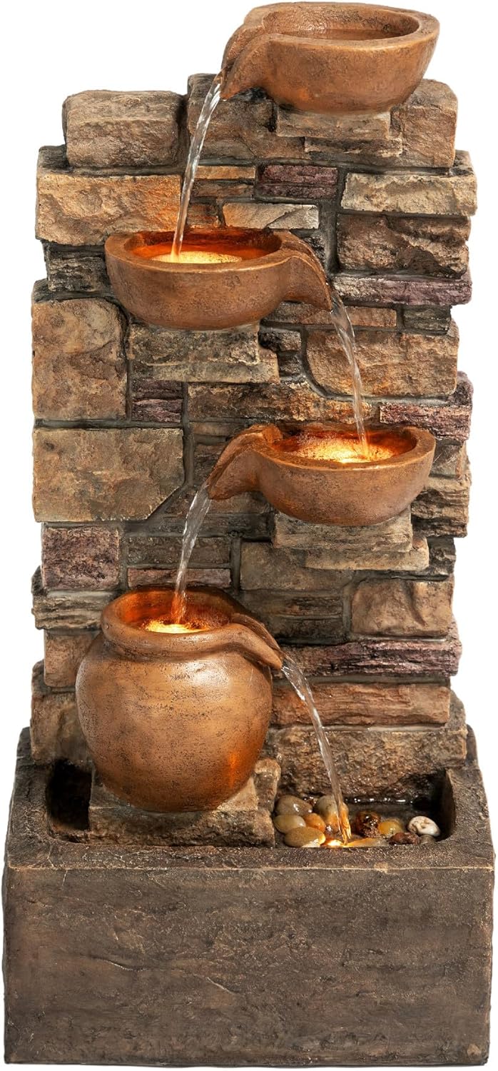Teamson Home 4 stufiger Steinbrunnen Braun LED Wasserspiel Outdoor