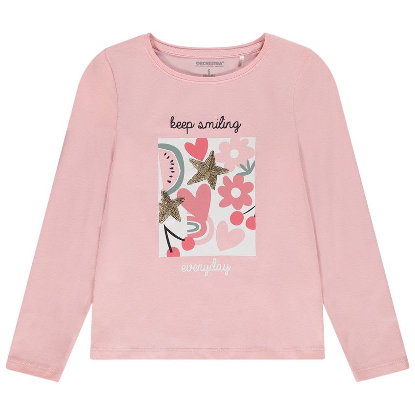 T-shirt manches longues avec sequins pour fille - Rose