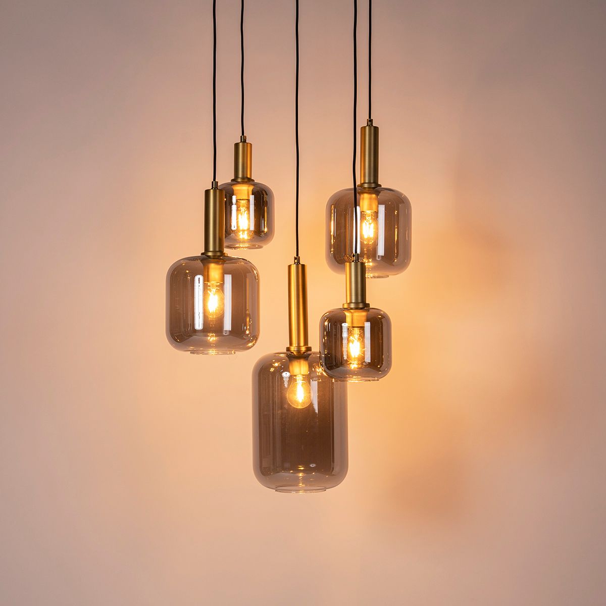 Hanglamp zwart met goud met smoke glas 5-lichts - Zuzanna