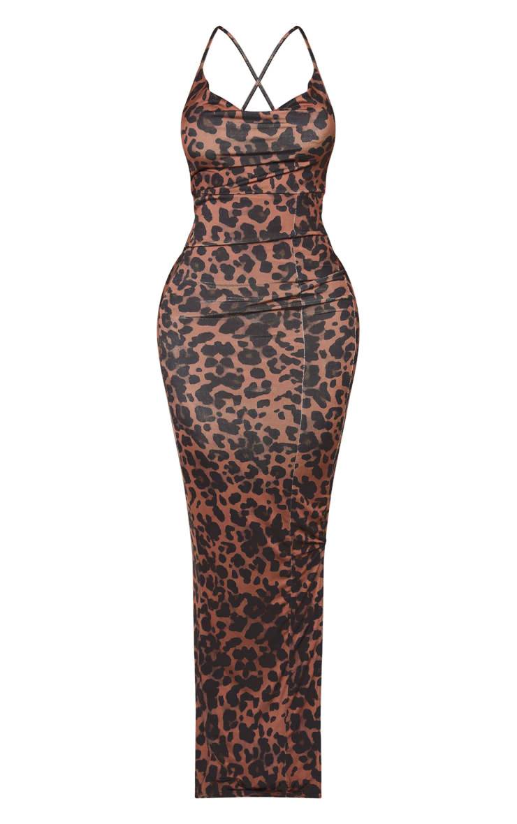 Léopard Robe Maxi Moulante À Imprimé Marron Avec Encolure Drapée