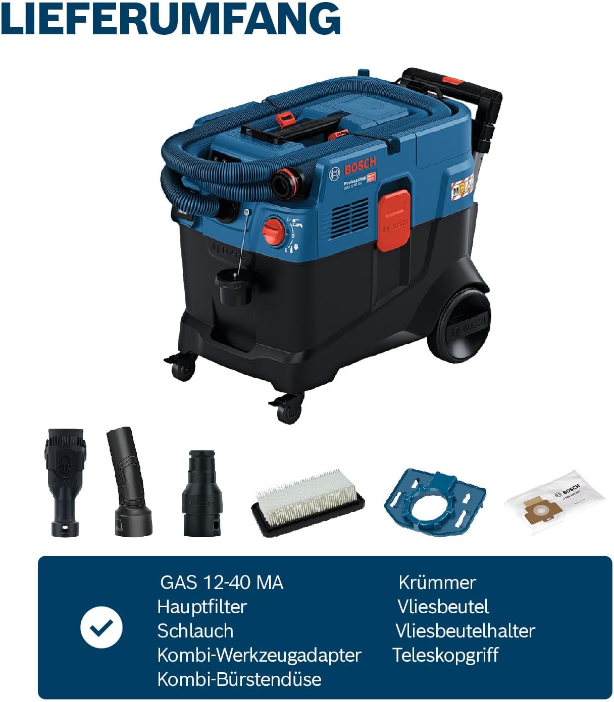 Bosch Professional Allessauger Gas 12-40 MA (1200 W, automatische Filterreinigung (AFC), inkl. Hauptfilter, Schlauch, Kombi-Werkzeugadapter, Kombi-Bürstendüse)