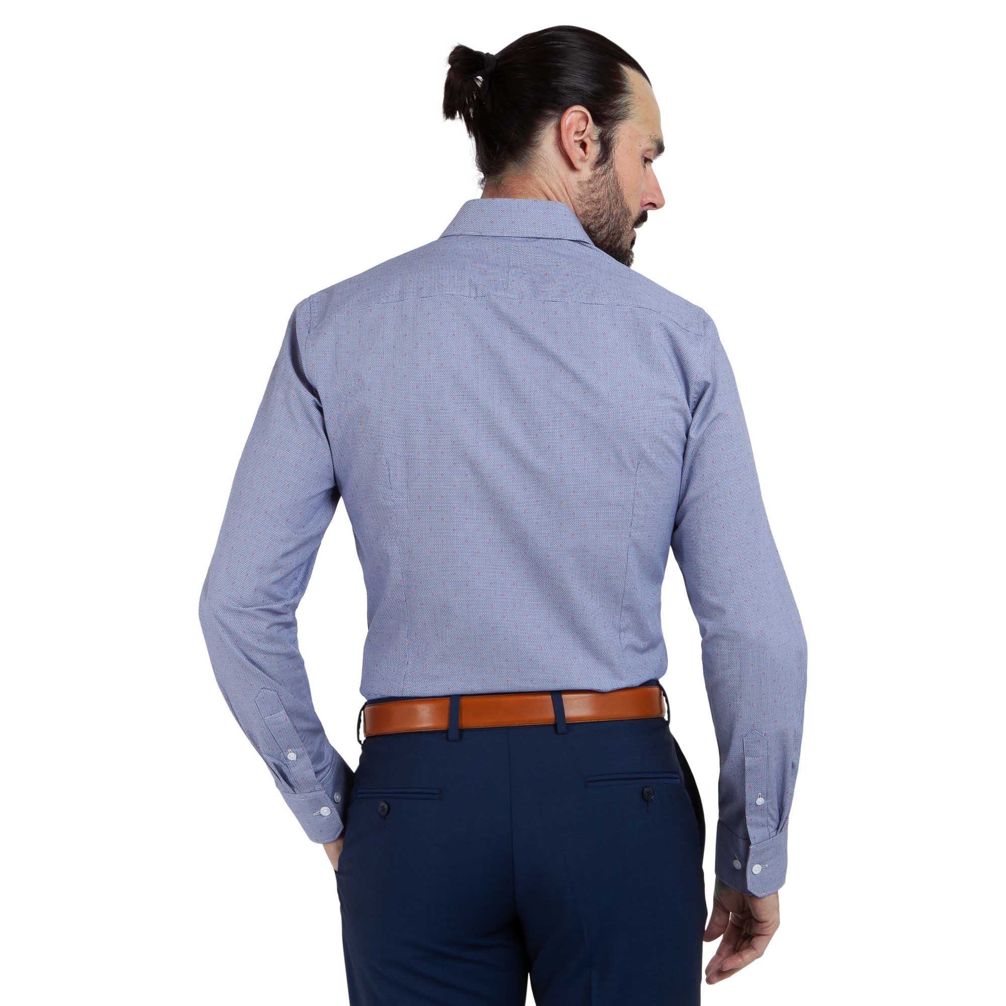 Chemise cintrée micro pied de poule bleu et motif rouge