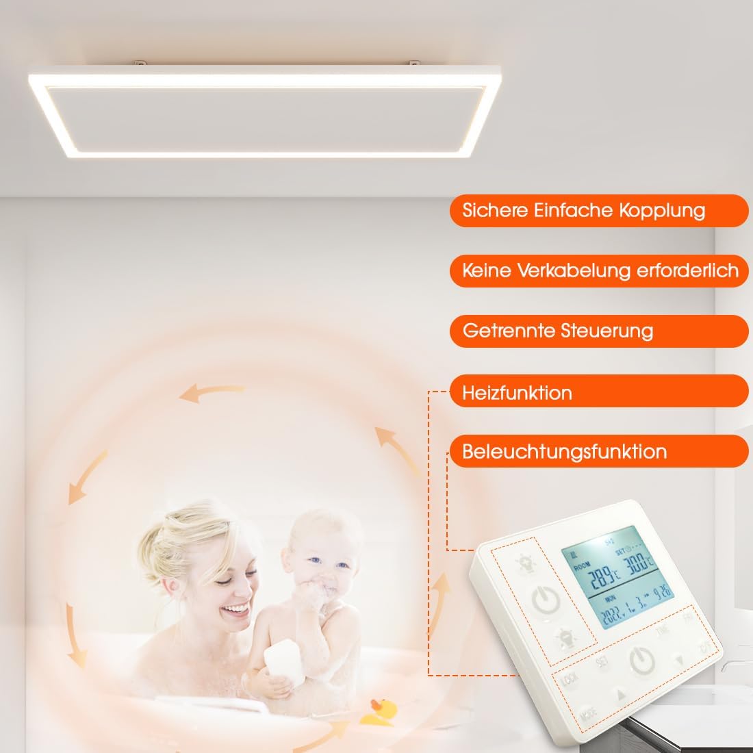 Infrarotheizung Deckenmontage 790 Watt, Infrarot Deckenheizung mit LED Licht Beleuchtung, Deckenheizstrahler mit Thermostat Fernbedienung, Elektroheizung Heizplatte Heizpaneel Heizkörper