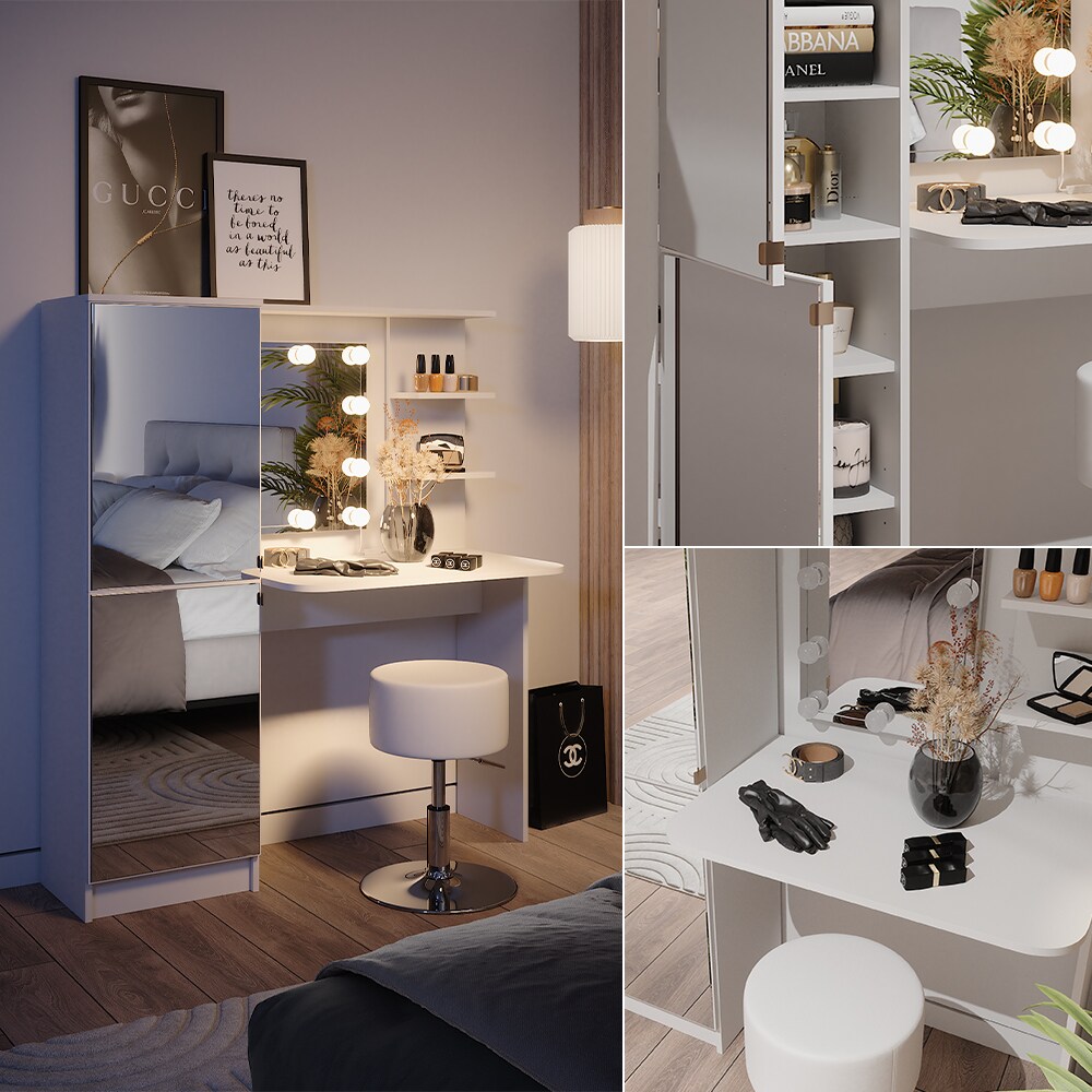 Vicco Schminktisch Jasmin Weiß 123 cm mit LED-Beleuchtung und Hocker