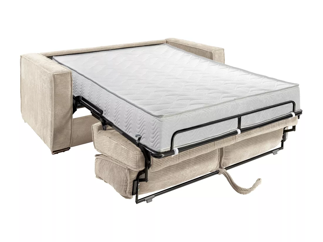 Canapé 3 places convertible express en velours côtelé beige - Couchage à lattes larges 140 cm - Matelas 22 cm LORETO