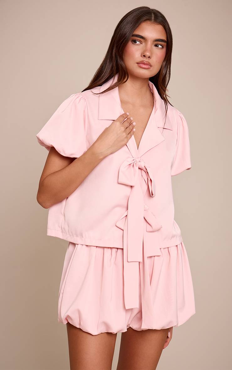 Rose Bébé Pyjama Court À Nœud Et Manches Bouffantes
