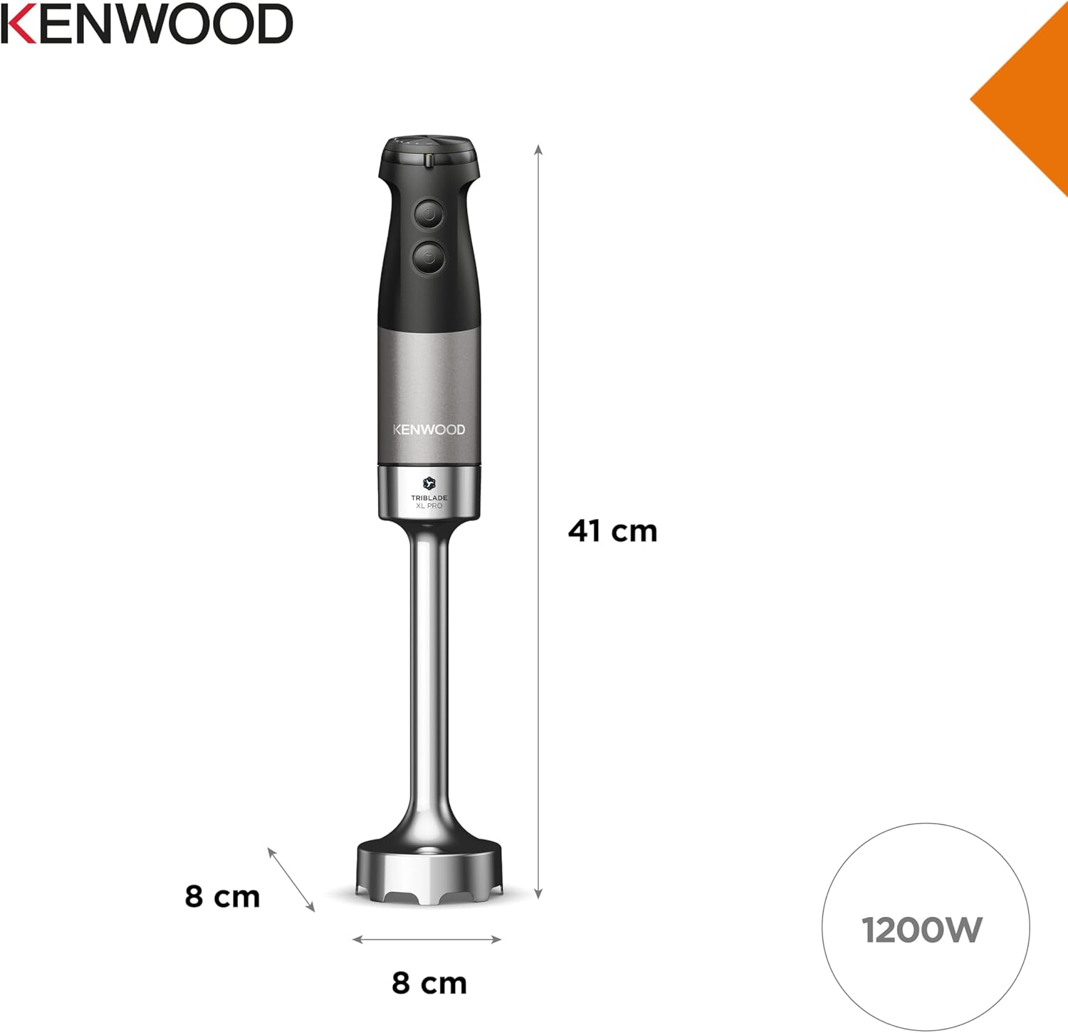 Kenwood Triblade XL Pro Stabmixer HBM80.322BK, 1200W, variable Geschwindigkeiten, Edelstahl(Pürierfuß), Schneebesen, Emulgieraufsatz, 500ml Zerkleiner, 700 & 250ml Becher, spülmaschinenfeste Teile