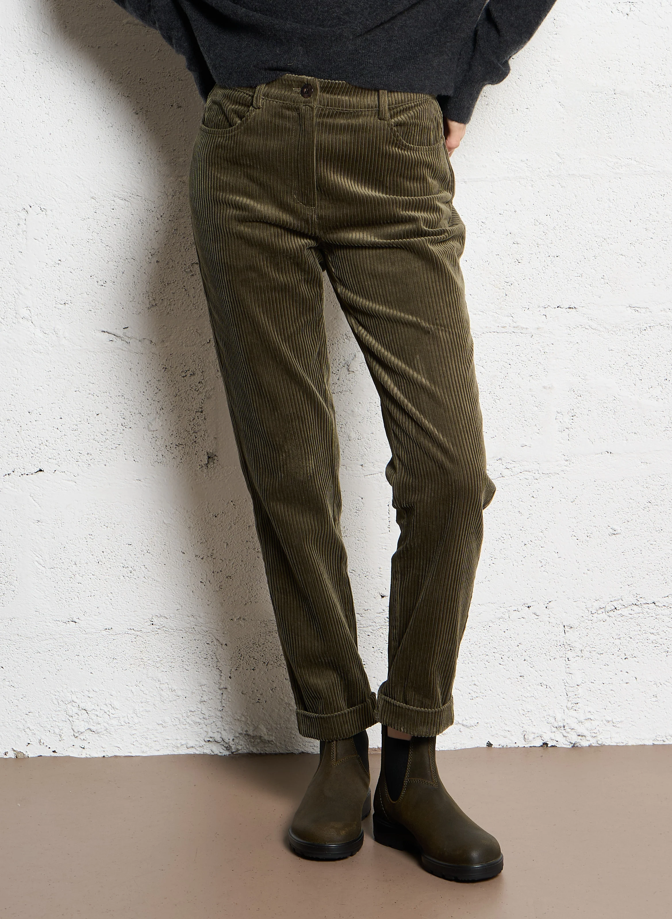 CASEYL - Pantalon droit en velours en côtelé| Kaki