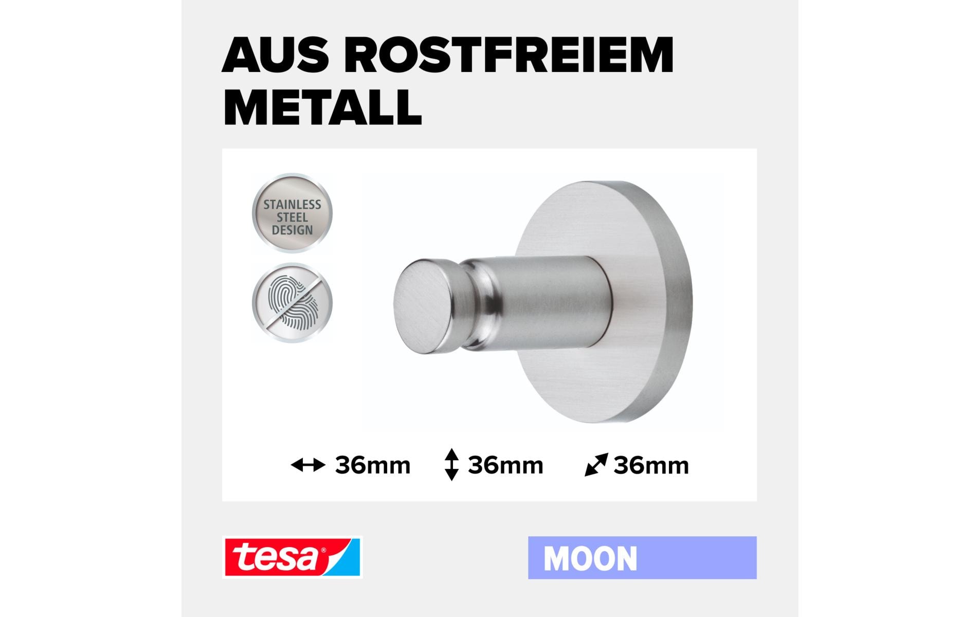 Haken Moon SilberTesa MOON Klebehaken, runde Form – Badhaken zur Wandbefestigung ohne Bohren, 36 mm x 36 mm x 36 mm
