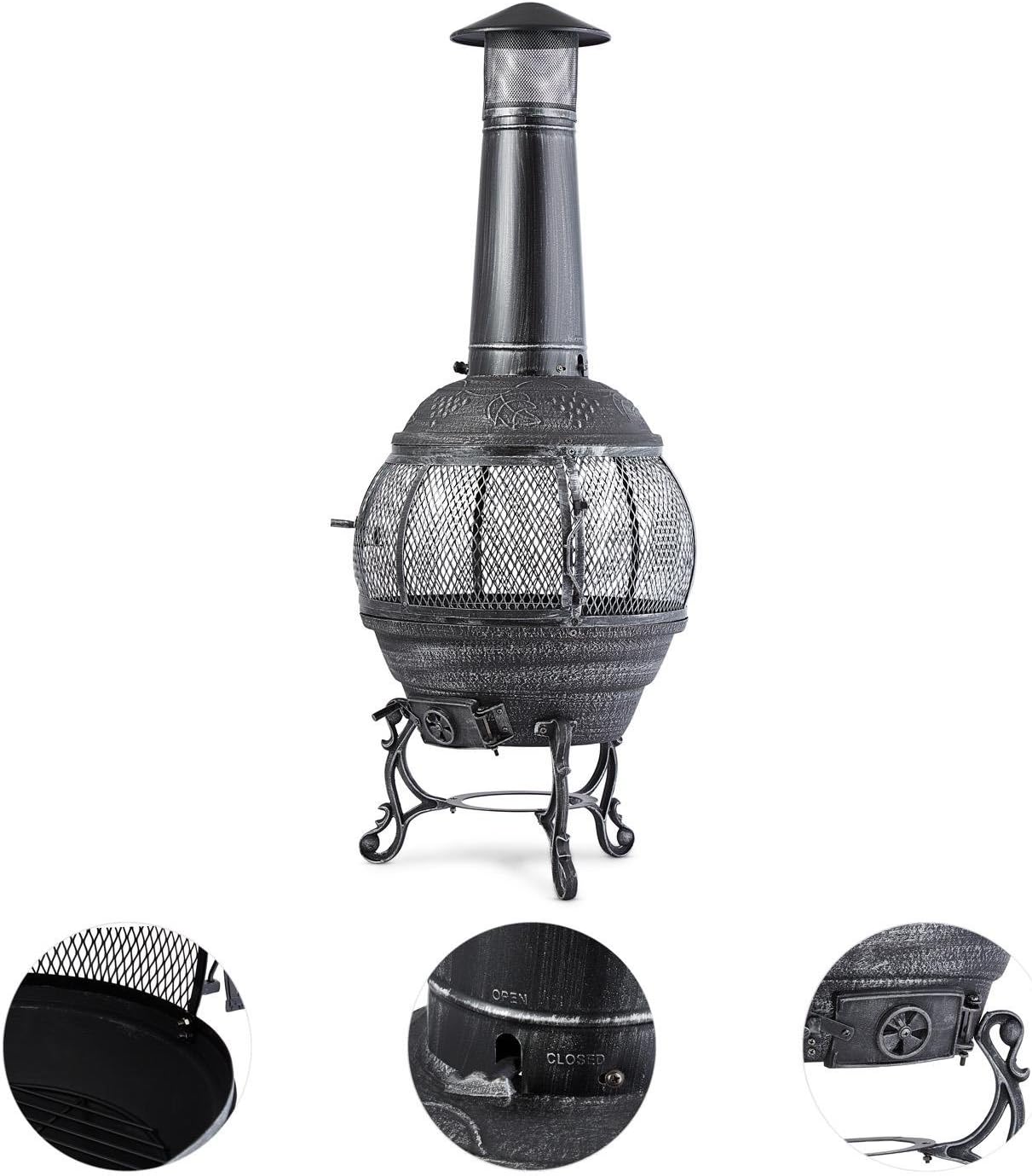 Blumfeldt Flavius, Feuerstelle, Gartenofen, Gartenkamin, Terrassenofen, Aztekenofen, Gusseisen, 360° Rundum-Gitter, Funkenschutz, antikes Design, Zugluftklappe, Eisenverzierungen, Altsilber