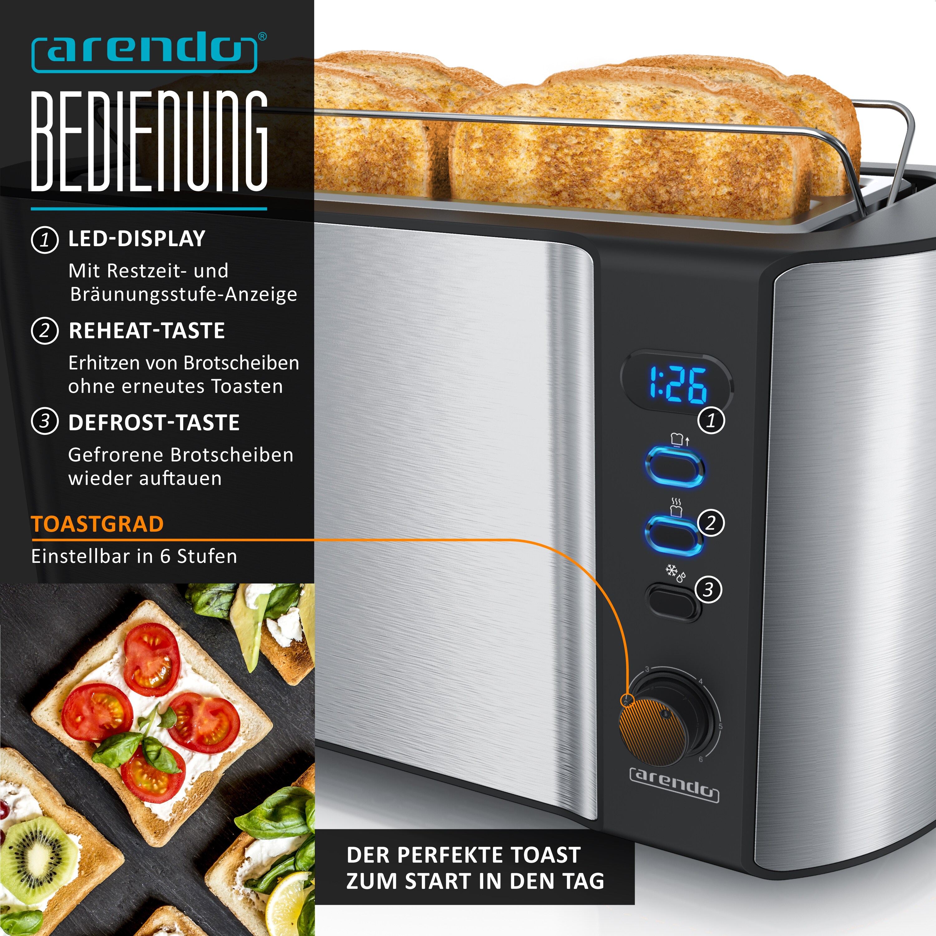 Arendo Frühstücksset, Wasserkocher 1,5 Liter + 6er Eierkocher + Langschlitztoaster für 4 Scheiben, Silber