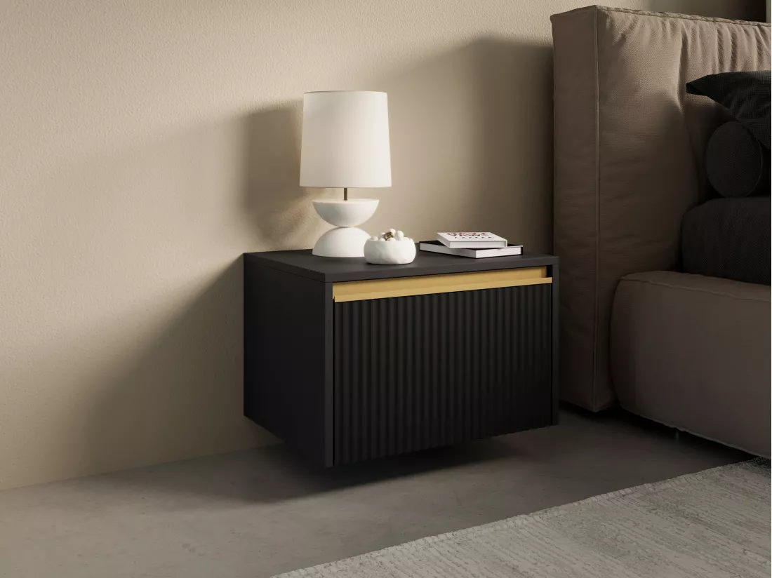 Lot de 2 tables de chevet suspendues ou à poser avec 1 tiroir - MDF - Noir et doré - POSINIA de Pascal Morabito