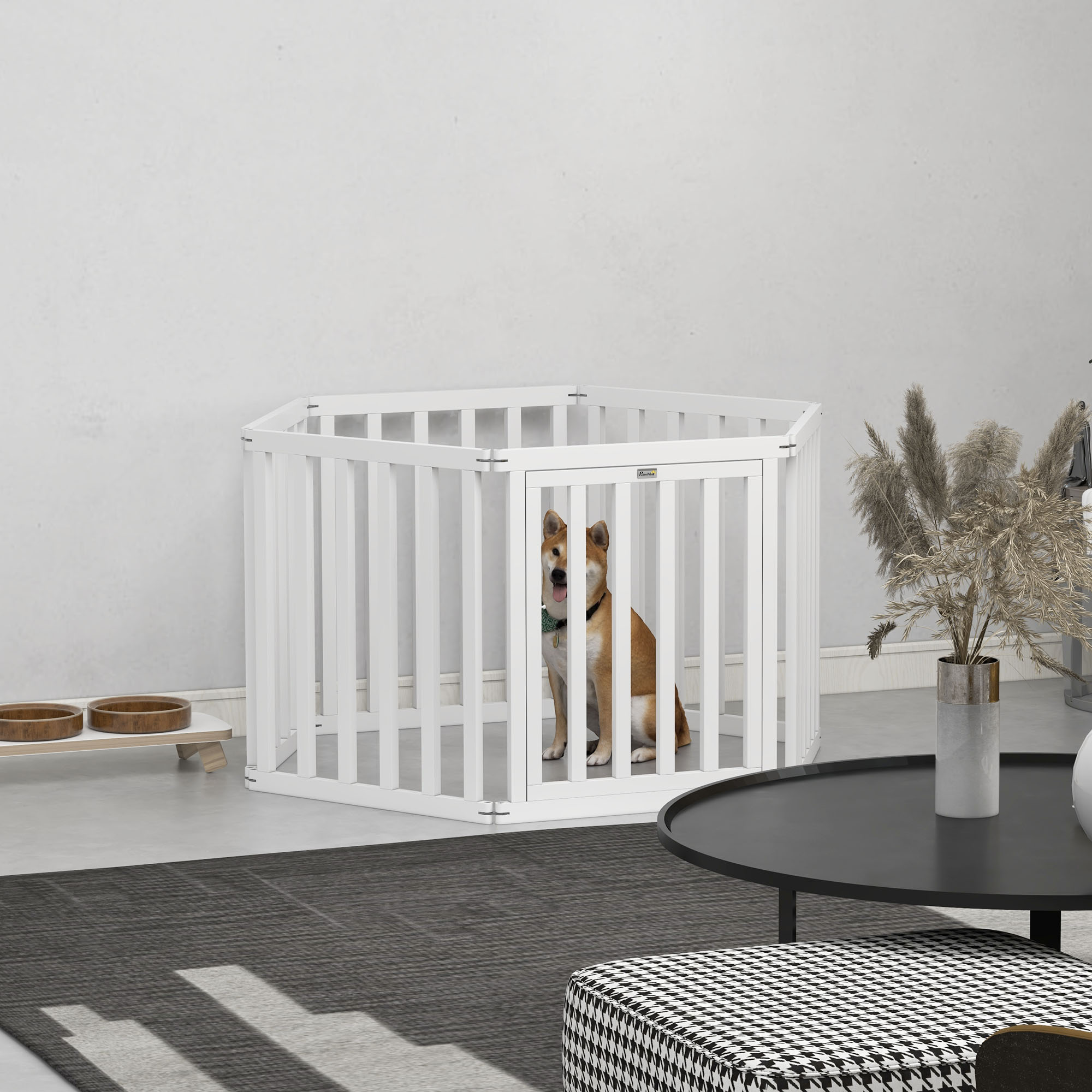 Cercado para cães PawHut com 6 painéis, 60x70 cm, dobrável, em pinho, com portão, pés de borracha antiderrapantes e formato personalizável para corredores e escadas, branco.