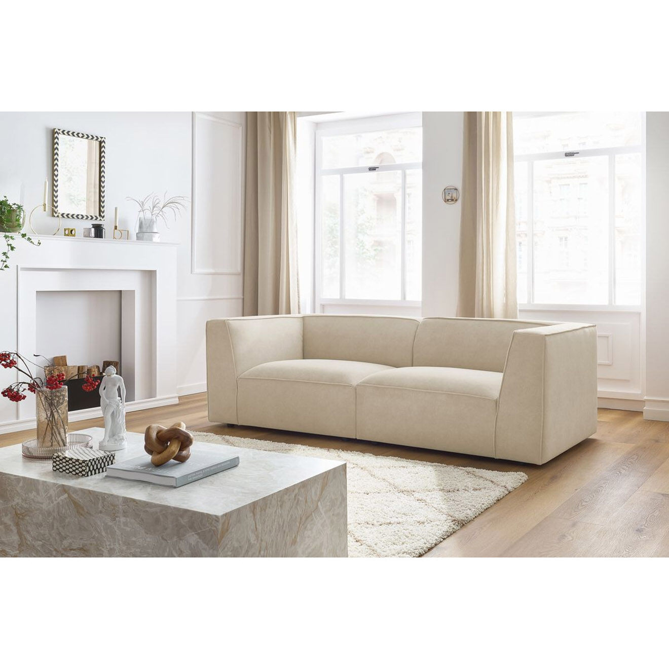 Bobochic Canapé droit fixe 3 places en Velours Molière beige - 233x99x71 cm