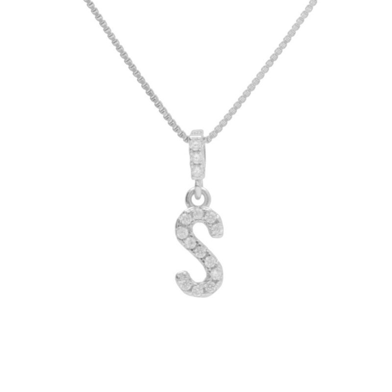 Collier Argent 925/000 Rhodié - Initiale Lettre S Pavée de Zirconiums