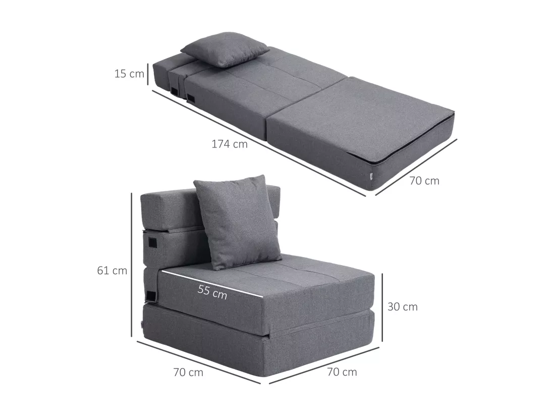 Chauffeuse canapé-lit convertible 1 place - coussin déhoussable inclus - tissu gris