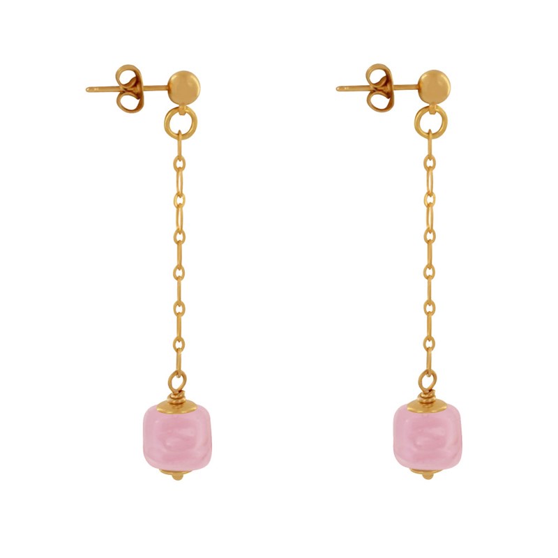 Boucles d'Oreilles Chainette Laiton Doré et Cube en Céramique