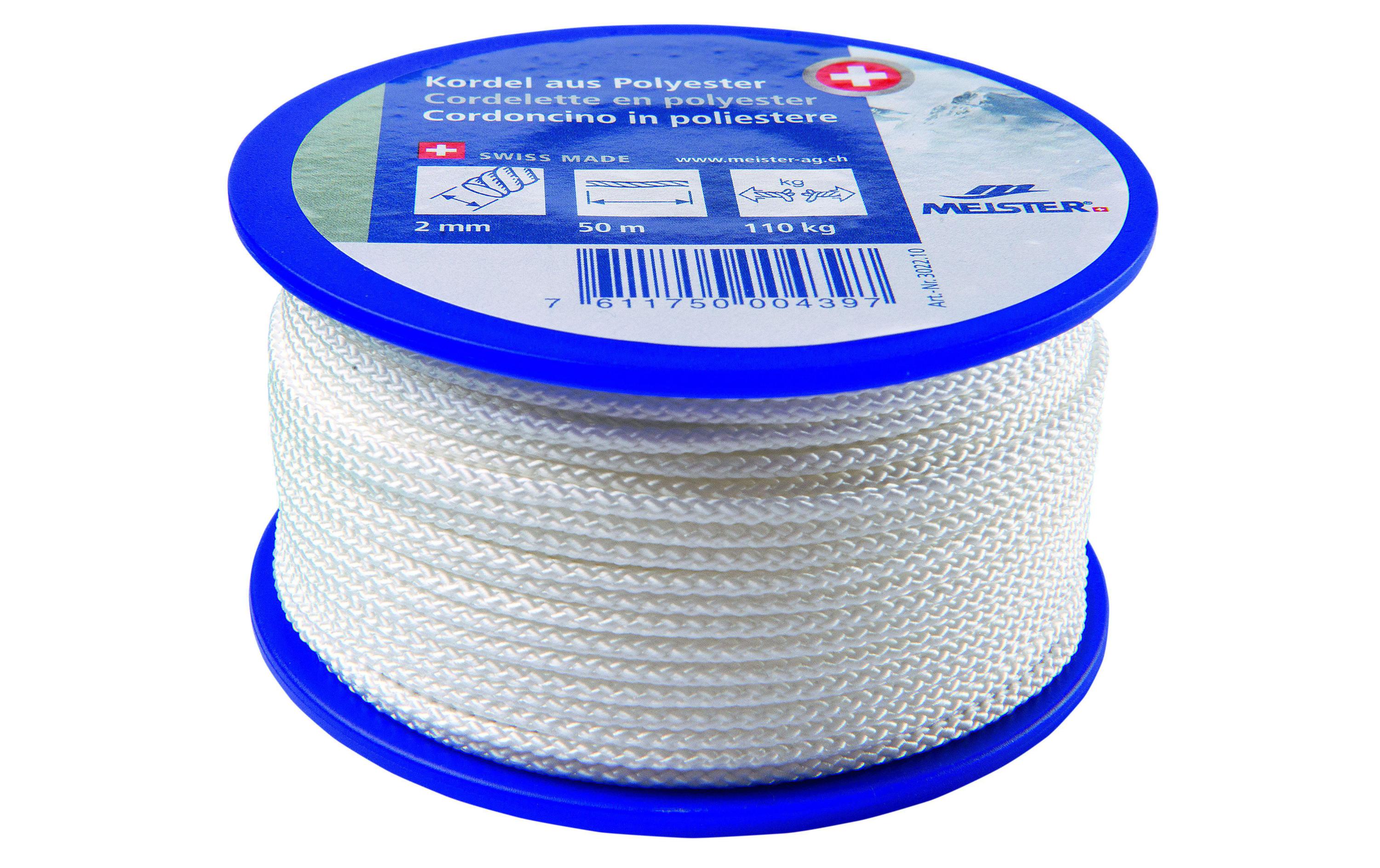 Kordel Ø 2 mm, 50 m, 80 kg, WeissKordel aus Polyester 16-fach geflochten
