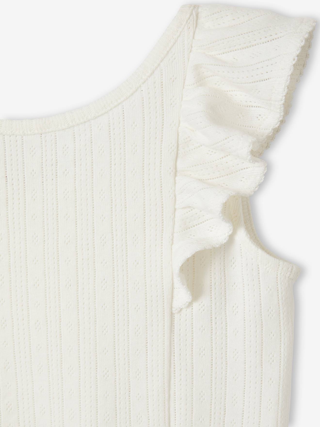 Blusa regata feminina bege em tricô vazado com babados.