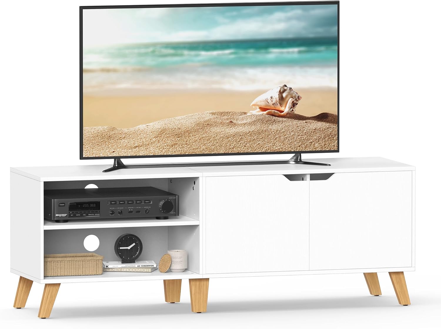 VASAGLE TV-Schrank, Fernsehtisch mit 2 Türen, 140 cm lang, TV-Regal für Fernseher bis zu 60 Zoll, verstellbare Ablagen, für Wohnzimmer, Esszimmer, Schlafzimmer, weiß LTV027T46