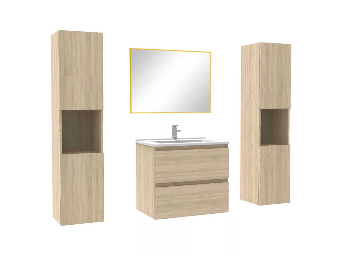 Ensemble meubles Salle de Bain avec colonne et miroir mural 60cm meuble Chêne Wotan
