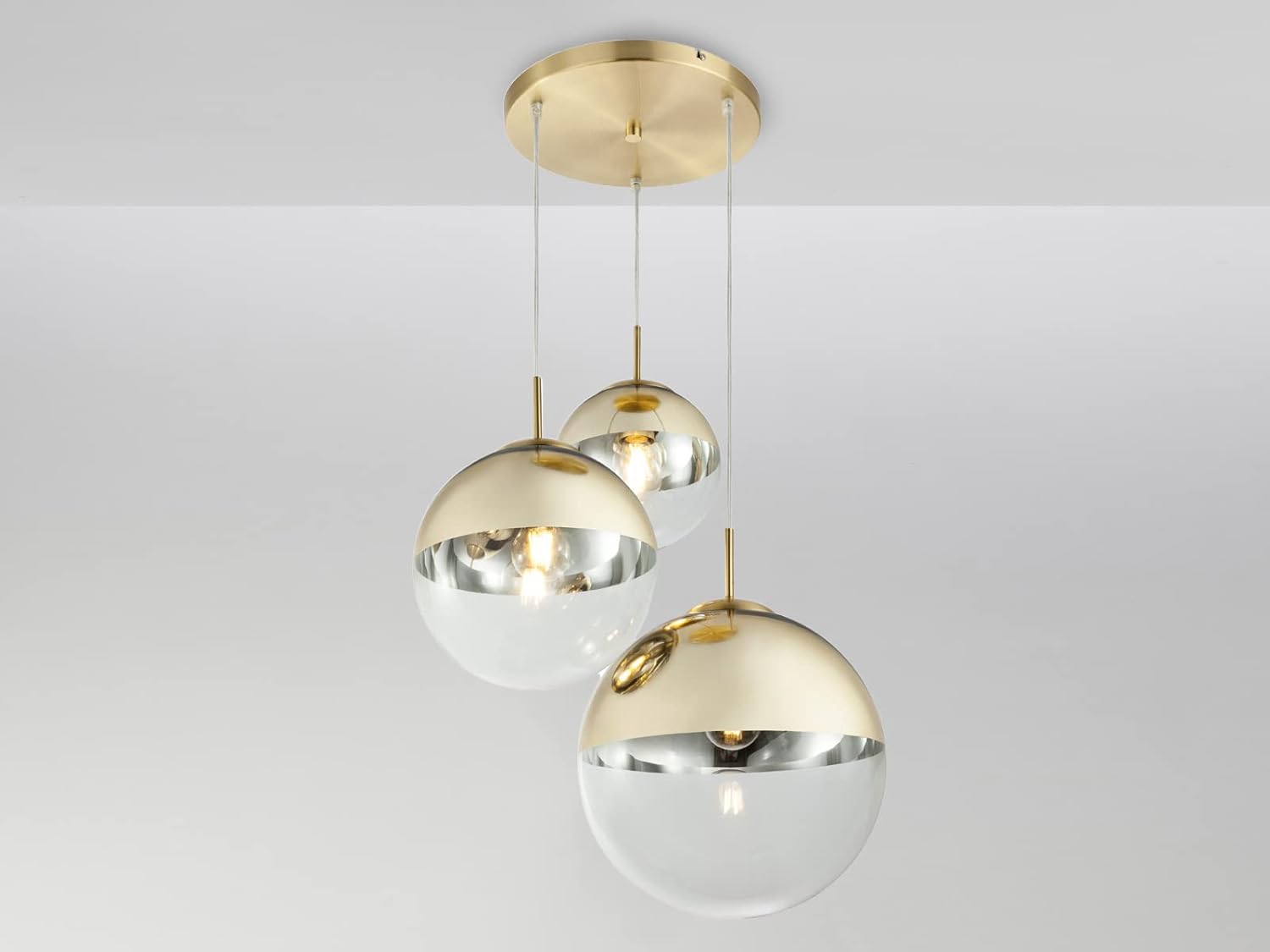 meineWunschleuchte Ausgefallene Pendelleuchte 3-flammig mit Glaskugeln in Gold & Klarglas