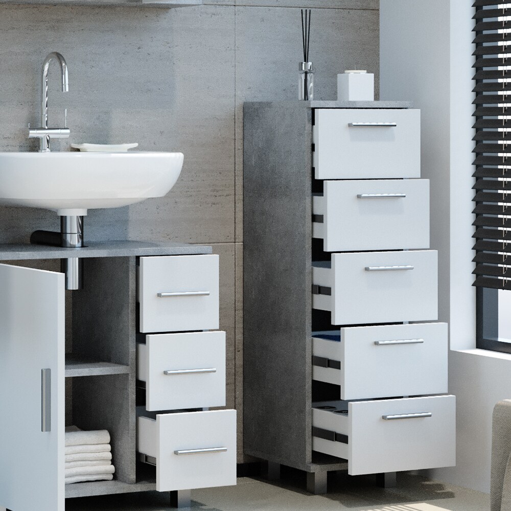 VICCO Badschrank ILIAS Weiß Beton Midischrank Bad Schrank Badregal Badezimmer
