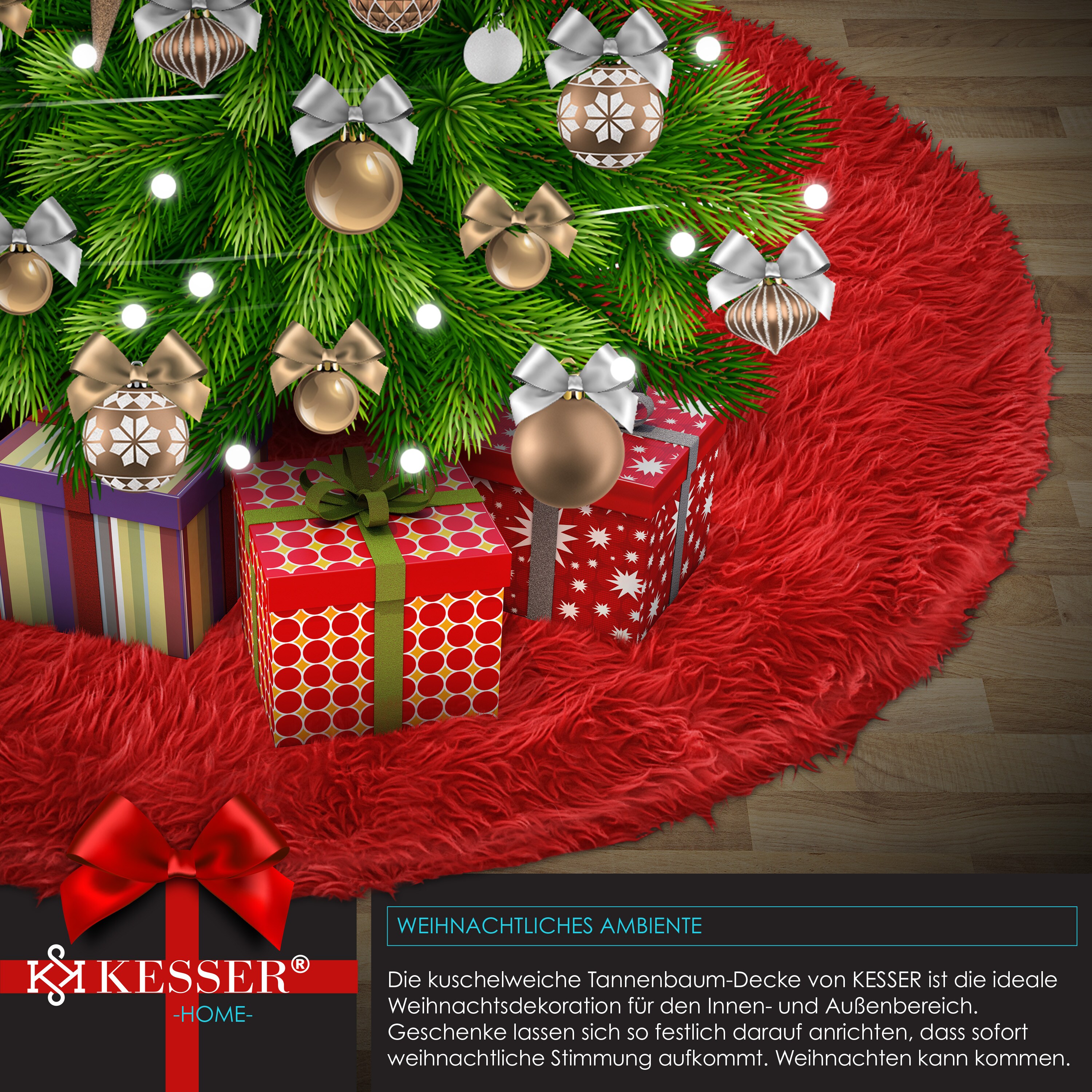 KESSER® Weihnachtsbaumdecke Tannenbaum Decke Christbaumdecke Kunstfell Rund Teppich Filz Plüsch für Schnee Christbaum Weihnachtsbaum Deko Dekorationen
