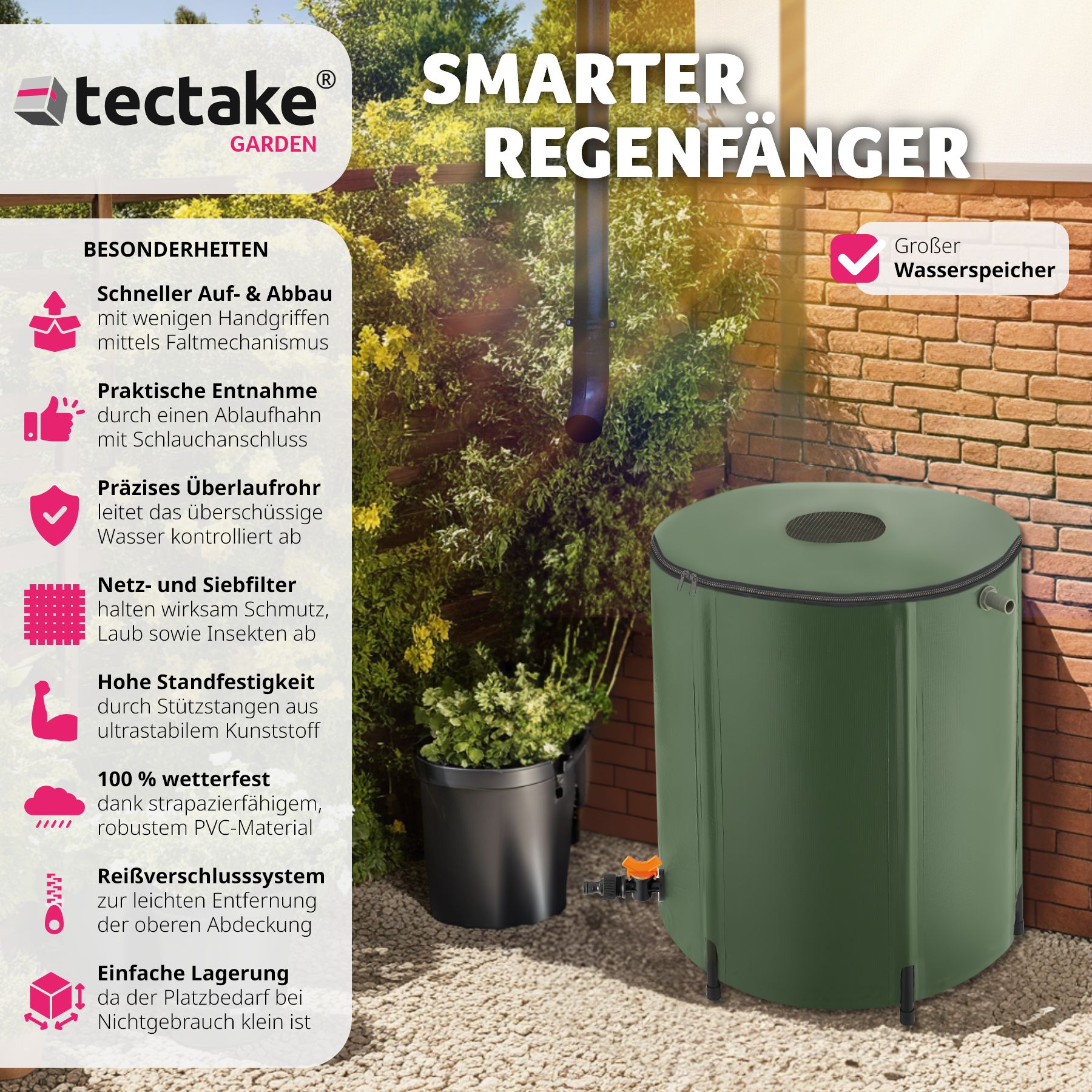 tectake® Regentonne, mit Hahn und Überlaufschutz, wetterbeständig, Oberseite abnehmbar