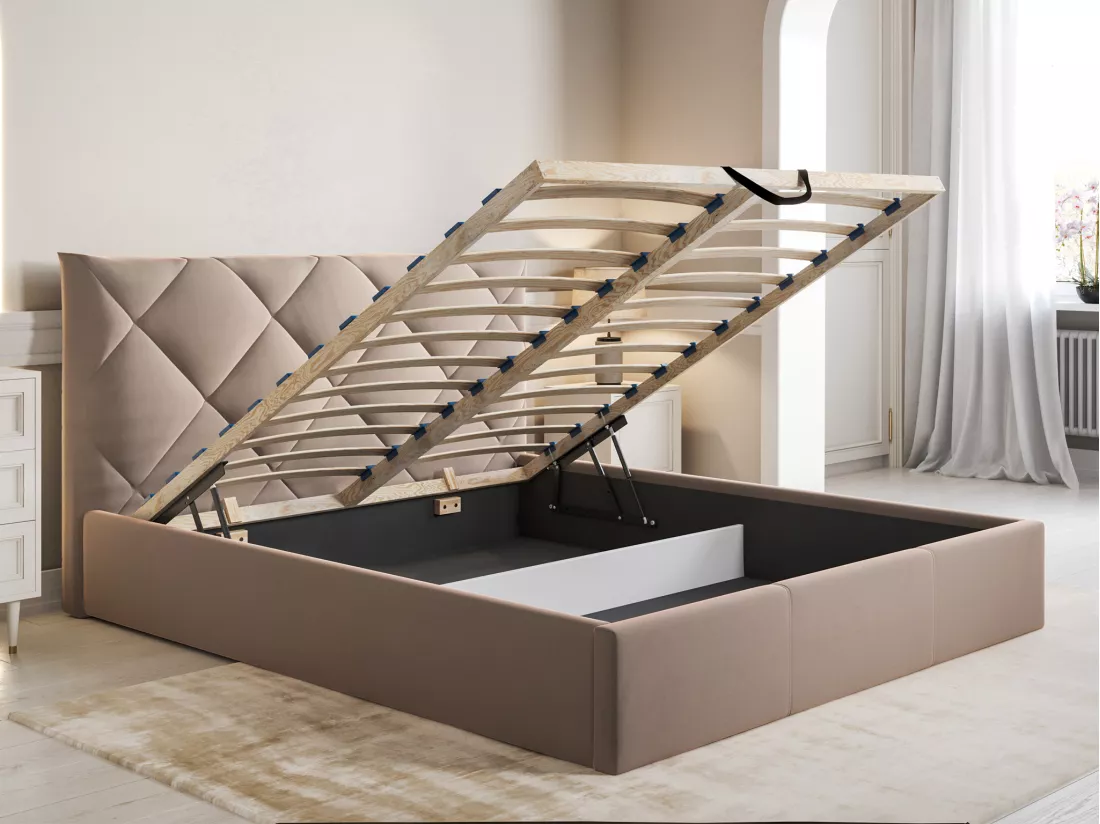 Lit coffre 160 x 200 cm - Velours - Beige + Matelas - STARI de Pascal Morabito