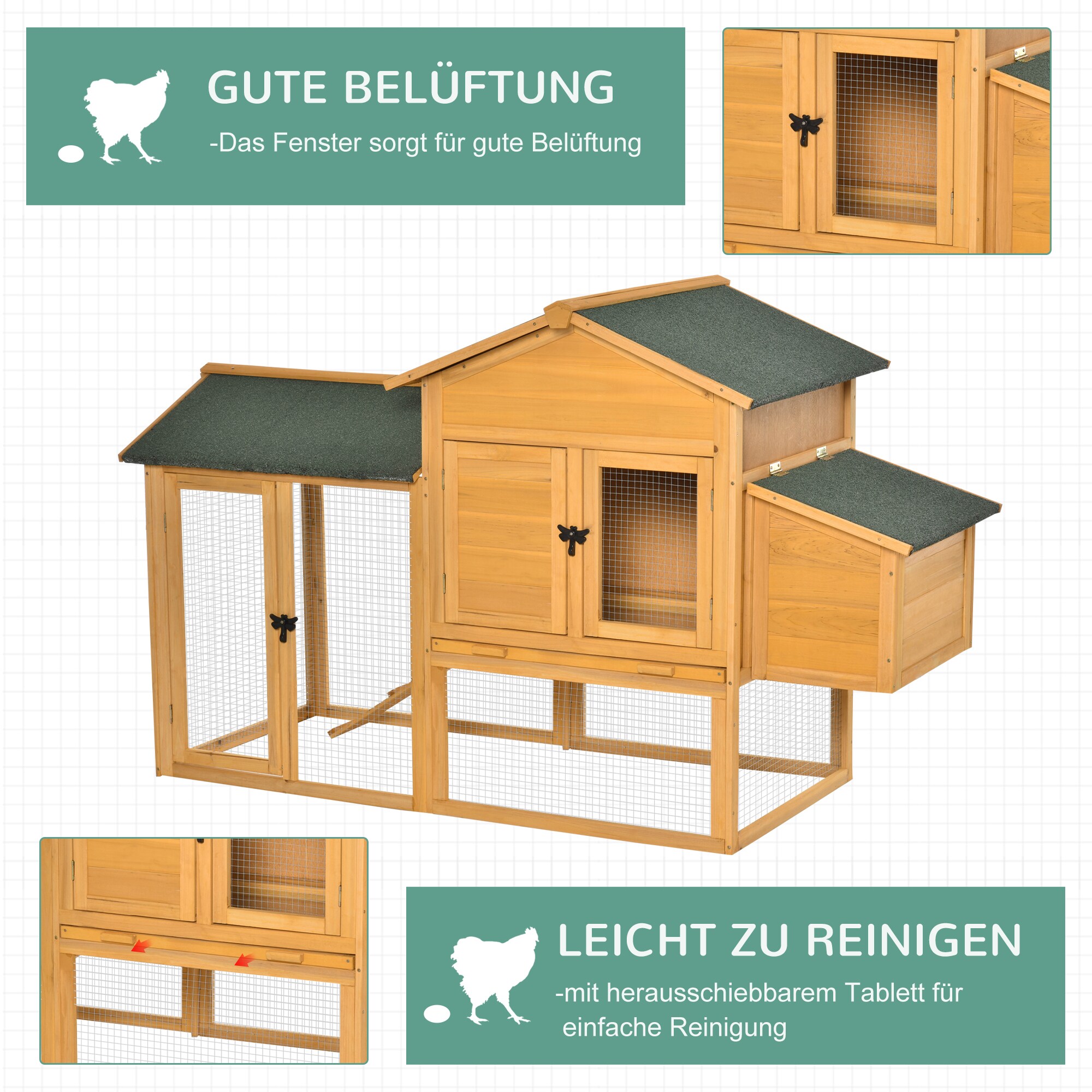 PawHut Zwerghühnerstall mit Ruhekasten und Brutkasten gelb, grün 168 x 75 x 103 cm (BxTxH)