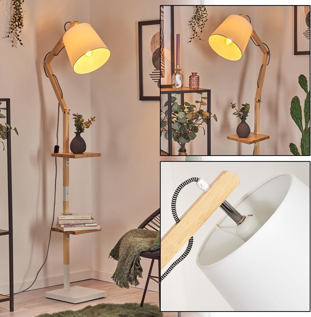 HOFSTEIN Stehleuchte Tukchor, Stehlampe aus Holz/Metall/Stoff in Natur/Weiß, verstellbare Leuchte im Boho-Design mit Ablageflächen u. Schalter, 152,5 cm, E27, Wohnzimmer, Schlafzimmer, Esszimmer